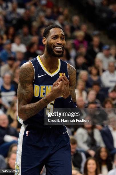 Will Barton of the Denver Nuggets reacts to a call during the second quarter of the game against the Minnesota Timberwolves on April 11, 2018 at the...