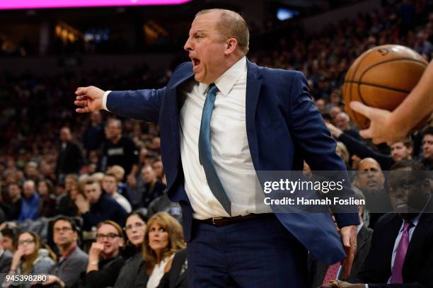 Head coach Tom Thibodeau of the Minnesota Timberwolves reacts to a call during the third quarter of the game against the Denver Nuggets on April 11,...