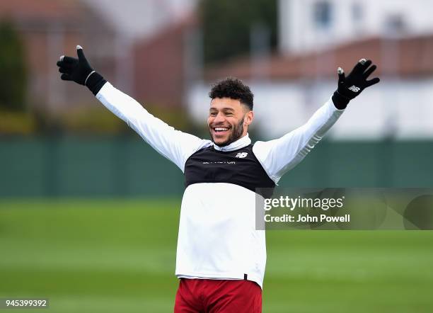 Alex Oxlade-Chamberlain of Liverpool during a training session at Melwood Training Ground on April 12, 2018 in Liverpool, England.