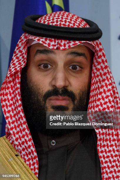Saudi Arabia Crown Prince Mohammed bin Salman looks on during a ceremony at Moncloa Palace on April 12, 2018 in Madrid, Spain. Bin Salman's visit to...
