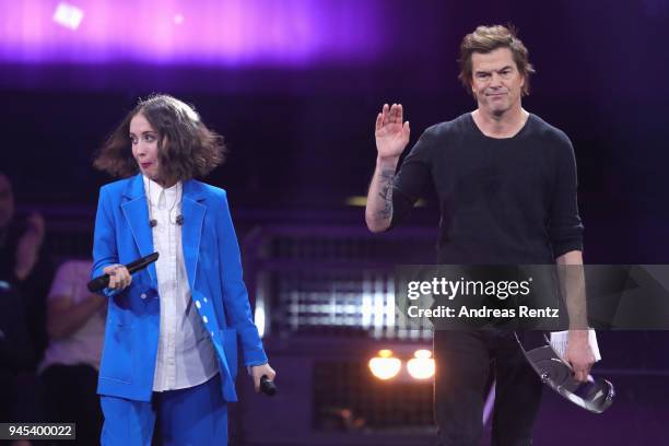 Alice Merton and 'Rock - National' award winner Campino of Die Toten Hosen are seen on stage during the Echo Award show at Messe Berlin on April 12,...