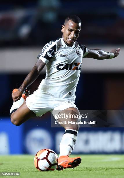 Romulo Otero of Atletico Mineiro kicks the ball during a match between San Lorenzo and Atletico Mineiro as part of Copa CONMEBOL Sudamericana 2018 at...