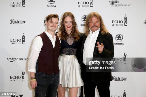 Gabor Mandoki, Sophie Roecken and Leslie Mandoki arrive for the Echo Award at Messe Berlin on April 12, 2018 in Berlin, Germany.