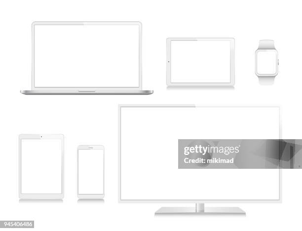 tablet, mobile phone, laptop, tv and smart watch - macbook laptop white background stock illustrations