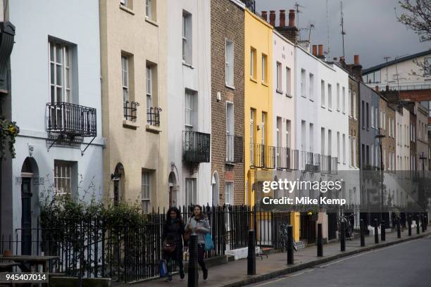 Colourfully painted homes in Brendon Street, Marylebone in London, England, United Kingdom.