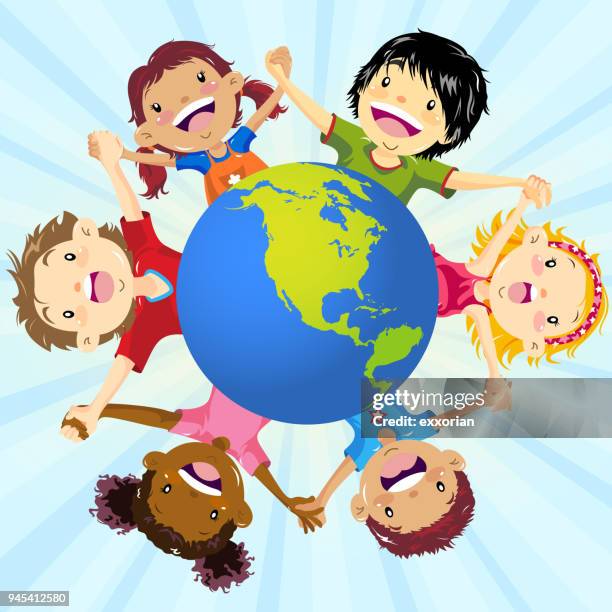 kinder hand in hand weltweit - kindertag stock-grafiken, -clipart, -cartoons und -symbole