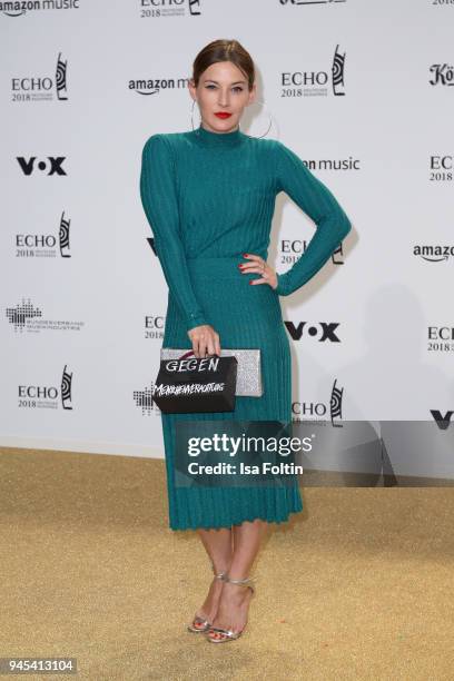 Jeannine Michaelsen arrives for the Echo Award at Messe Berlin on April 12, 2018 in Berlin, Germany.