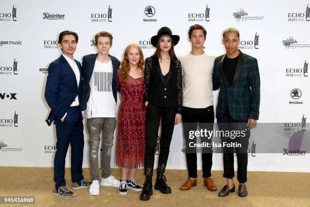 Ivo Kortlang, Nick Julius Schuck, guest, Luise Befort, Tim Oliver Schultz and guest arrive for the Echo Award at Messe Berlin on April 12, 2018 in...