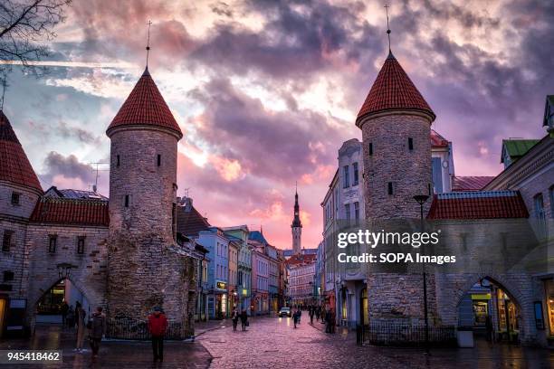 Sunset over Tallinn old town. The barbican of Viru Gate was part of the defence system of Tallinn city wall built in the 14th century.