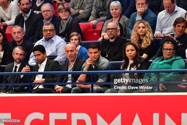 Football director general Jean Claude Blanc, PSG president Nasser El Khelaifi, PSG football team captain Thiago Silva and his wife, with French...