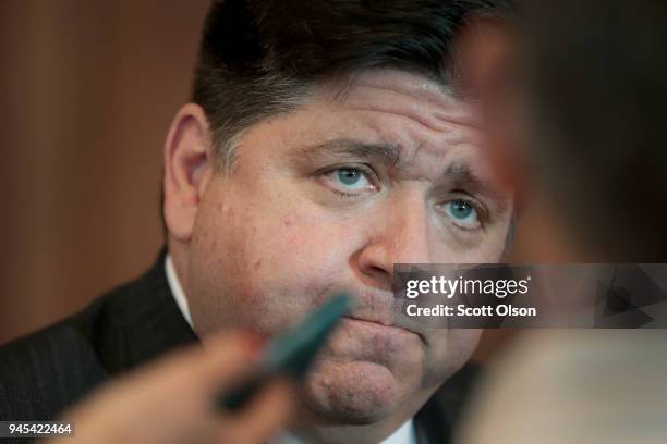 Illinois gubernatorial candidate J.B. Pritzker speaks to reporters at the Idas Legacy Fundraiser Luncheon on April 12, 2018 in Chicago, Illinois. The...