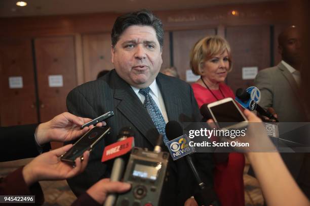 Illinois gubernatorial candidate J.B. Pritzker speaks to reporters at the Idas Legacy Fundraiser Luncheon on April 12, 2018 in Chicago, Illinois. The...