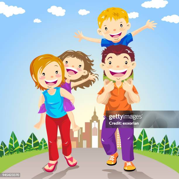 family leisure activity - couple piggyback cartoon stock illustrations