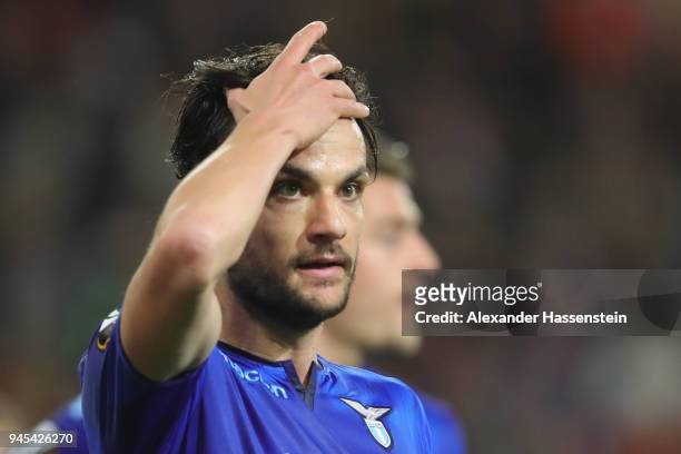 Marco Parolo of Lazio reacts during the UEFA Europa League quarter final leg two match between RB Salzburg and Lazio Roma at Stadion Salzuburg on...
