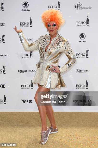 German drag queen Olivia Jones arrives for the Echo Award at Messe Berlin on April 12, 2018 in Berlin, Germany.