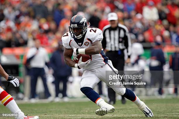 Knowshon Moreno of the Denver Broncos runs with the ball for yardage during their NFL game against the Kansas City Chiefs on December 6, 2009 at...