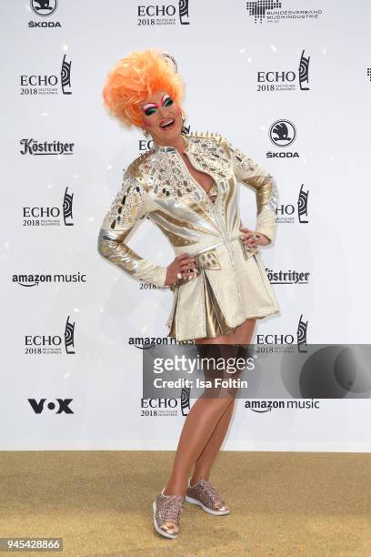 German drag queen Olivia Jones arrives for the Echo Award at Messe Berlin on April 12, 2018 in Berlin, Germany.