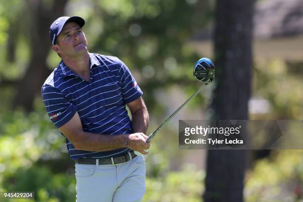 Sam Saunders plays his tee shot on the eighth hole during the first round of the 2018 RBC Heritage at Harbour Town Golf Links on April 12, 2018 in...
