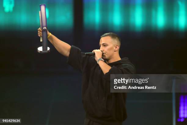 Hip-Hop/Urban - National' award winner Farid Bang speaks on stage during the Echo Award show at Messe Berlin on April 12, 2018 in Berlin, Germany.