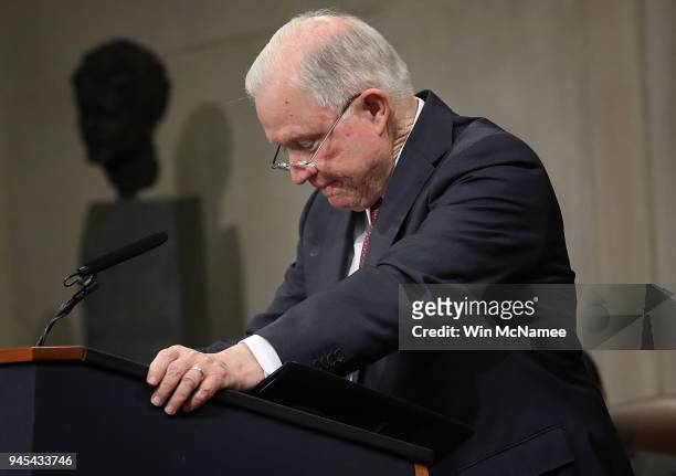 Attorney General Jeff Sessions speaks at an event at the Justice Department marking the 50th anniversary of the Fair Housing Act April 12, 2018 in...