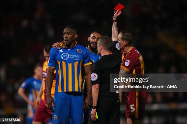 Omar Beckles of Shrewsbury Town receives a red card for a second yellow during the Sky Bet League One match between Bradford City and Shrewsbury Town...