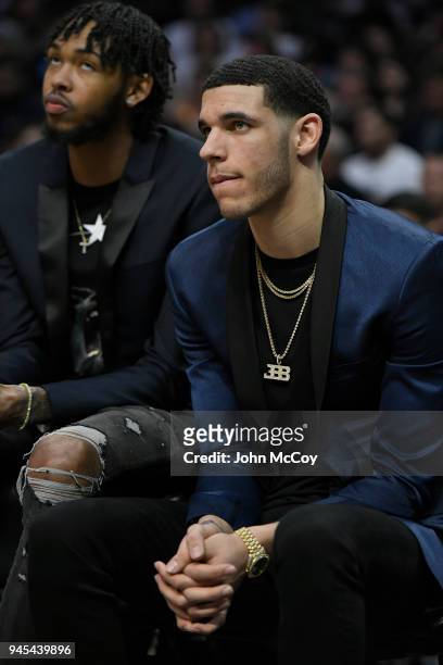 Injured players Brandon Ingram and Lonzo Ball of the Los Angeles Lakers watch the game against the Los Angeles Clippers at Staples Center on April...