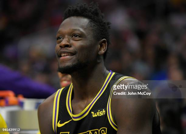 Julius Randle of the Los Angeles Lakers on the bench in the second half at Staples Center on April 11, 2018 in Los Angeles, California. NOTE TO USER:...