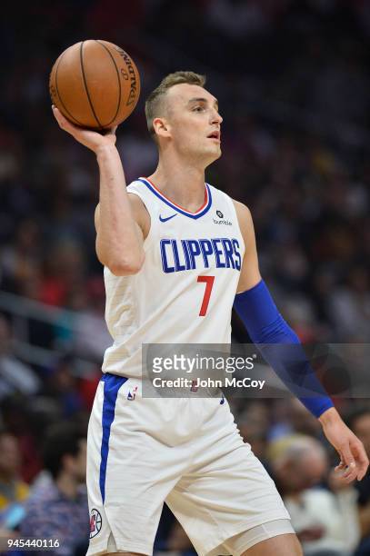 Sam Dekker of the LA Clippers looks to pass the ball in the first half at Staples Center on April 11, 2018 in Los Angeles, California. NOTE TO USER:...