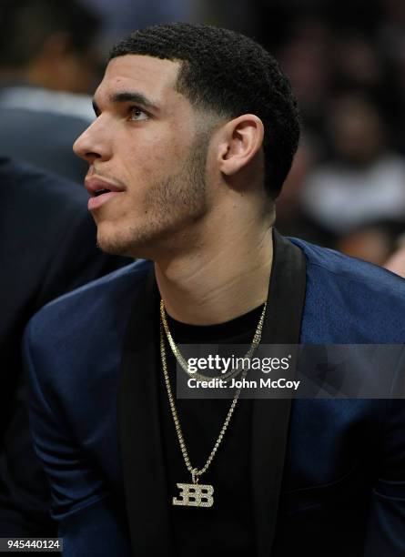 Lonzo Ball of the Los Angeles Lakers sat out against the Los Angeles Clippers due to an injury at Staples Center on April 11, 2018 in Los Angeles,...