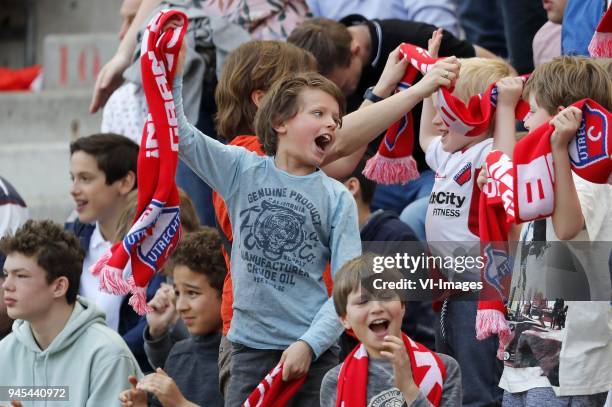 Fans of FC Utrecht during the Dutch Eredivisie match between FC Utrecht and ADO Den Haag at the Galgenwaard Stadium on April 08, 2018 in Utrecht, The...