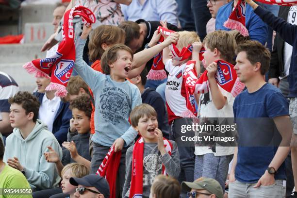 Fans of FC Utrecht during the Dutch Eredivisie match between FC Utrecht and ADO Den Haag at the Galgenwaard Stadium on April 08, 2018 in Utrecht, The...