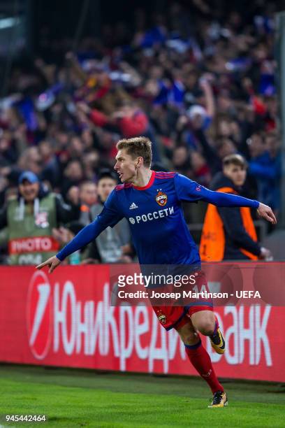 Kirill Nababkin of CSKA Moskva celebrates his goal during the UEFA Europa League quarter final leg two match between CSKA Moskva and Arsenal FC at...