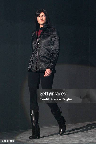 Model presents a creation by Belstaff during the 'Belstaff Presents New Uniforms For Italian Police' at the Direzione Generale di Pubblica Sicurezza...