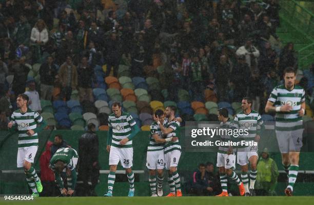 Sporting CP forward Fredy Montero from Colombia celebrates with teammates after scoring a goal during the UEFA Europa League Quarter Final Leg Two...