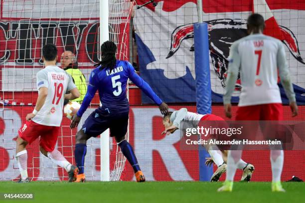 Stefan Lainer of Salzburg scores the 4th team goal during the UEFA Europa League quarter final leg two match between RB Salzburg and Lazio Roma at...