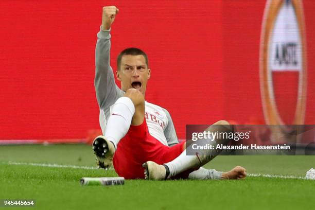 Stefan Lainer of Salzburg celebrates scoring the 4th team goal during the UEFA Europa League quarter final leg two match between RB Salzburg and...