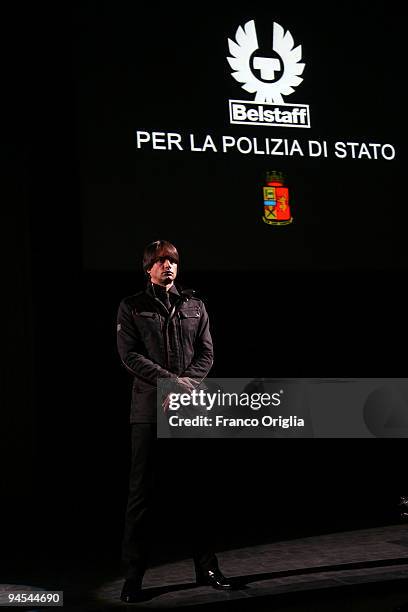 Model Marcus Schenkenberg presents a creation by Belstaff during the 'Belstaff Presents New Uniforms For Italian Police' at the Direzione Generale di...