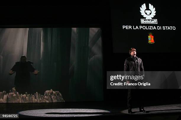 Model Marcus Schenkenberg presents a creation by Belstaff during the 'Belstaff Presents New Uniforms For Italian Police' at the Direzione Generale di...