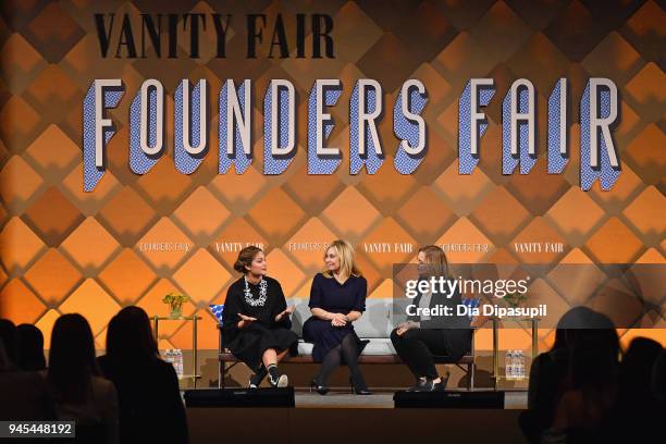 Combinator partner Kat Manalac, The RealReal founder and CEO Julie Wainwright, and Wired senior writer Jessi Hempel speak onstage during Vanity...