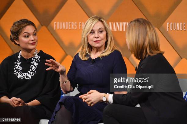 Combinator partner Kat Manalac, The RealReal founder and CEO Julie Wainwright, and Wired senior writer Jessi Hempel speak onstage during Vanity...