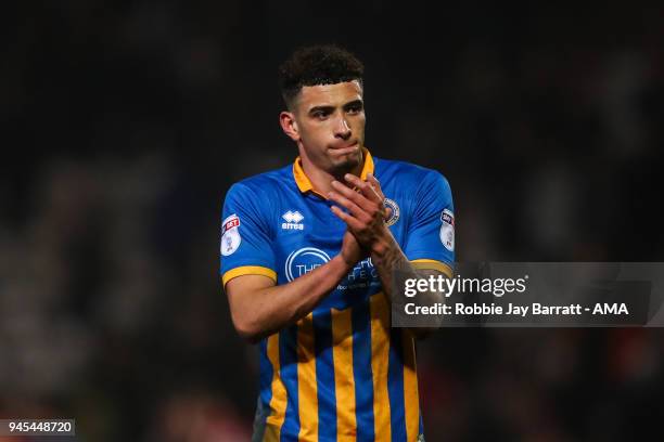 Dejected Ben Godfrey of Shrewsbury Town applauds the fans at full time during the Sky Bet League One match between Bradford City and Shrewsbury Town...