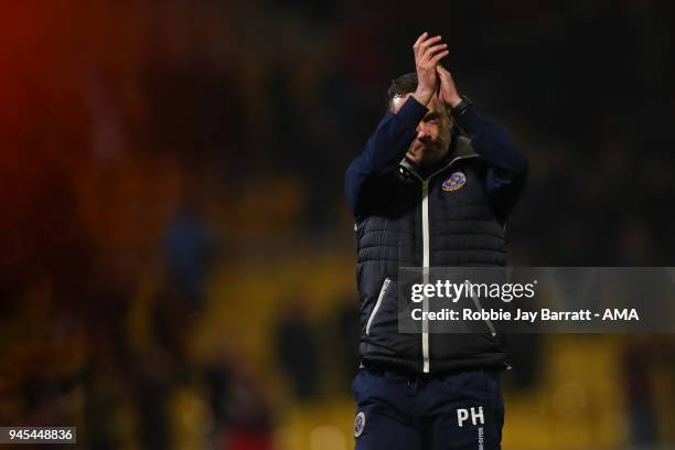 Paul Hurst manager / head coach of Shrewsbury Town applauds the fans during the Sky Bet League One match between Bradford City and Shrewsbury Town at...