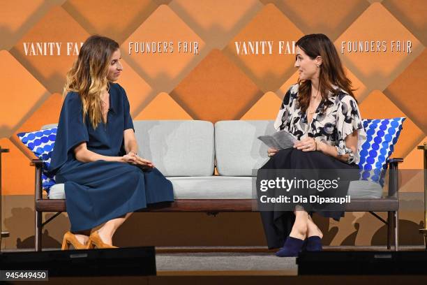 Birchbox co-founder CEO Katia Beauchamp and Vanity Fair contributing editor Bethany McLean speak onstage during Vanity Fair's Founders Fair at Spring...