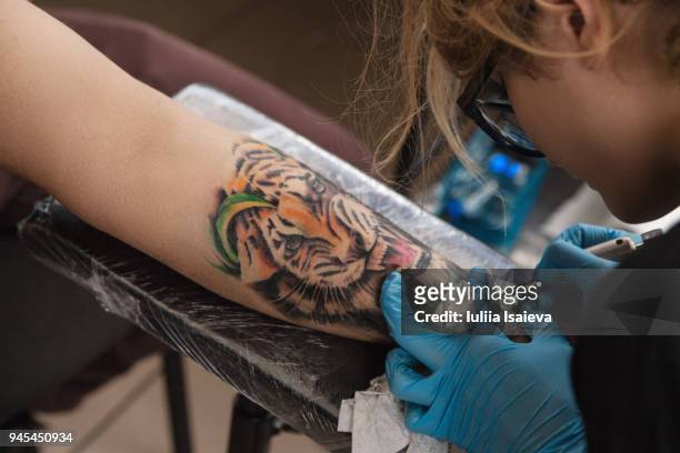tattooist making tiger tattoo - tiger image tattos stock pictures, royalty-free photos & images