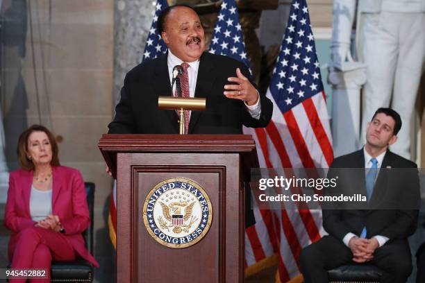 Martin Luther King III addresses a ceremony to mark the 50th anniversary of the assassination of Dr. Martin Luther King Jr. With House Minority...