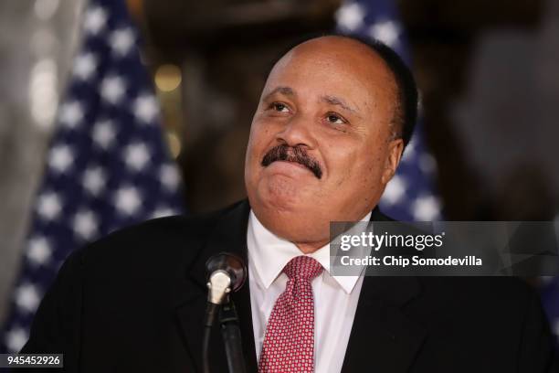 Martin Luther King III addresses a ceremony to mark the 50th anniversary of the assassination of Dr. Martin Luther King Jr. In Statuary Hall at the...