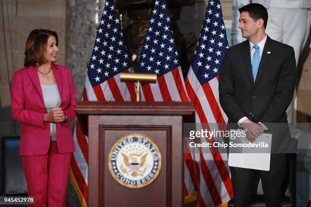 House Minority Leader Nancy Pelosi and Speaker of the House Paul Ryan participate in a ceremony to mark the 50th anniversary of the assassination of...