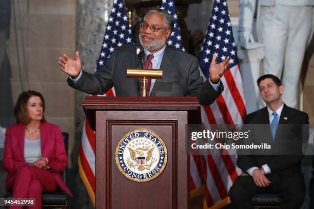 The Smithsonian's National Museum of African American History and Culture founding Director Lonnie Bunch addresses a ceremony to mark the 50th...