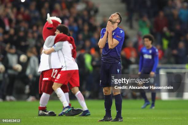 Stefan de Vrij of Lazio reacts after the UEFA Europa League quarter final leg two match between RB Salzburg and Lazio Roma at Stadion Salzuburg on...