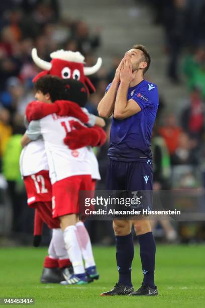 Stefan de Vrij of Lazio reacts after the UEFA Europa League quarter final leg two match between RB Salzburg and Lazio Roma at Stadion Salzuburg on...